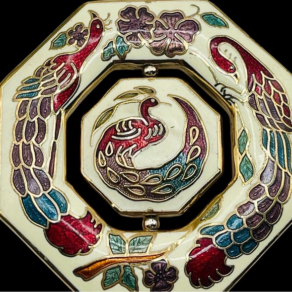 Stunning Vintage 14KT GF Peacock and Floral Cloisonné Spinning Pendant Necklace - Picture 7 of 11